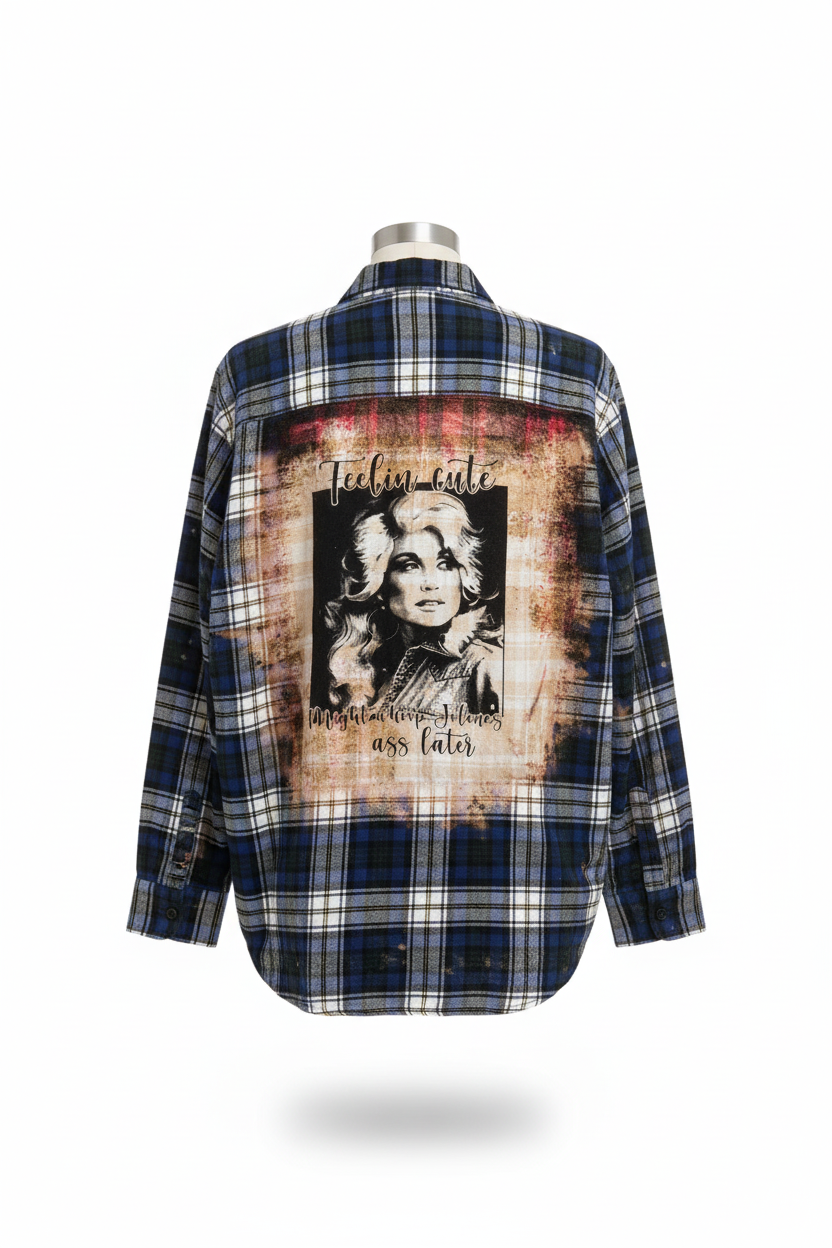 Trestles Clothing Company upcycled blue plaid flannel shirt with bleached back panel featuring a Dolly Parton graphic